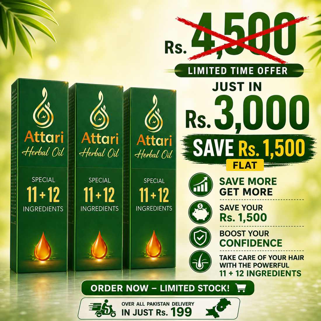 Three bottles of Attari Herbal Oil in dark green and amber packaging are arranged dynamically with a dramatic golden oil splash and droplets on a white background.