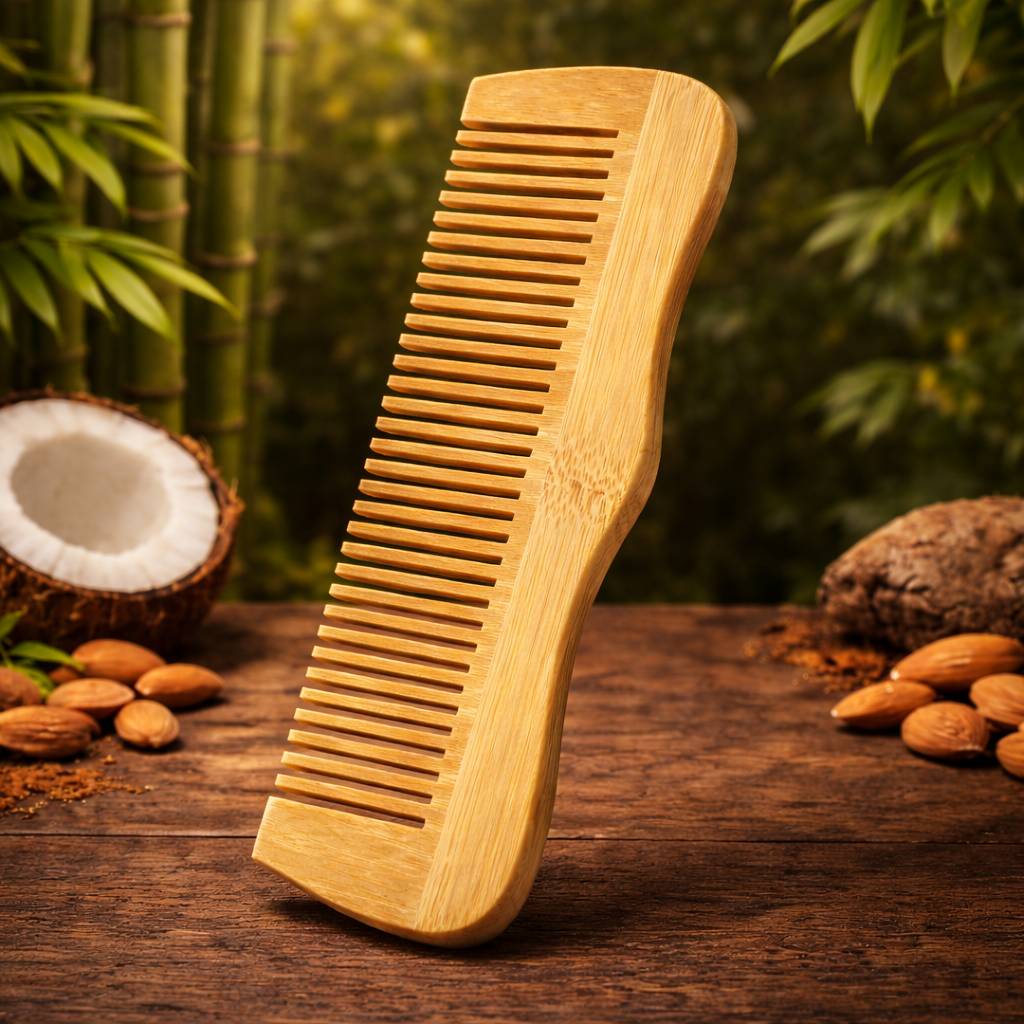 Wooden comb with a natural background featuring coconuts and almonds. Good for dry frizy hairs
