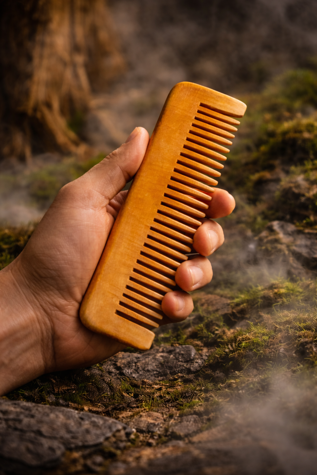 Hand holding a wooden comb against a natural background. Anti-frizz wooden comb with smooth wide teeth for hair growth and scalp care