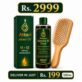 Attari Herbal Combo pack with a bottle of shampoo, a bottle of hair oil, and a wooden brush on a white background.