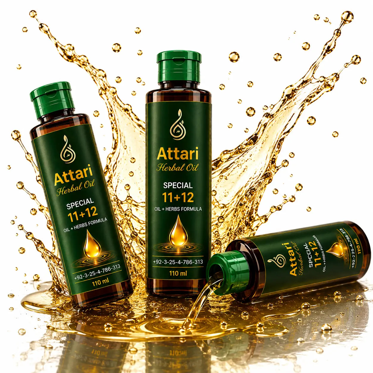 Three bottles of Attari Herbal Oil in dark green and amber packaging are arranged dynamically with a dramatic golden oil splash and droplets on a white background.