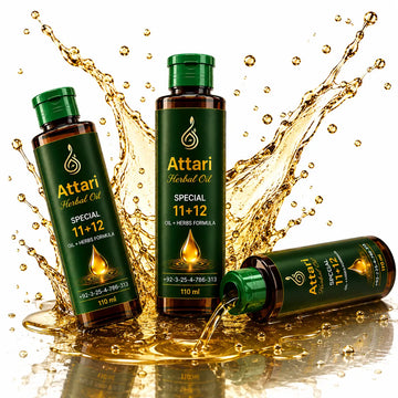 Three bottles of Attari Herbal Oil in dark green and amber packaging are arranged dynamically with a dramatic golden oil splash and droplets on a white background.