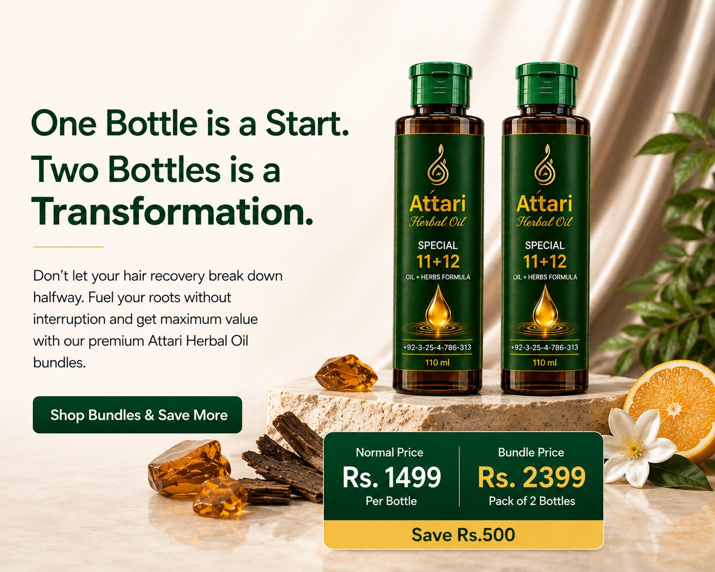 Attari Herbal Oil bottles combo bundle pack with promotional text and pricing on a decorative background for the homepage.