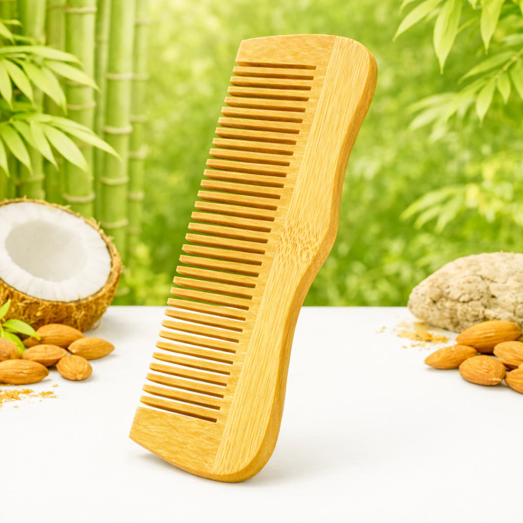 Wooden comb with a natural background featuring coconuts and almonds. Good for dry frizy hairs
