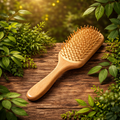 Wooden hair brush on a wooden surface with green leaves in the background