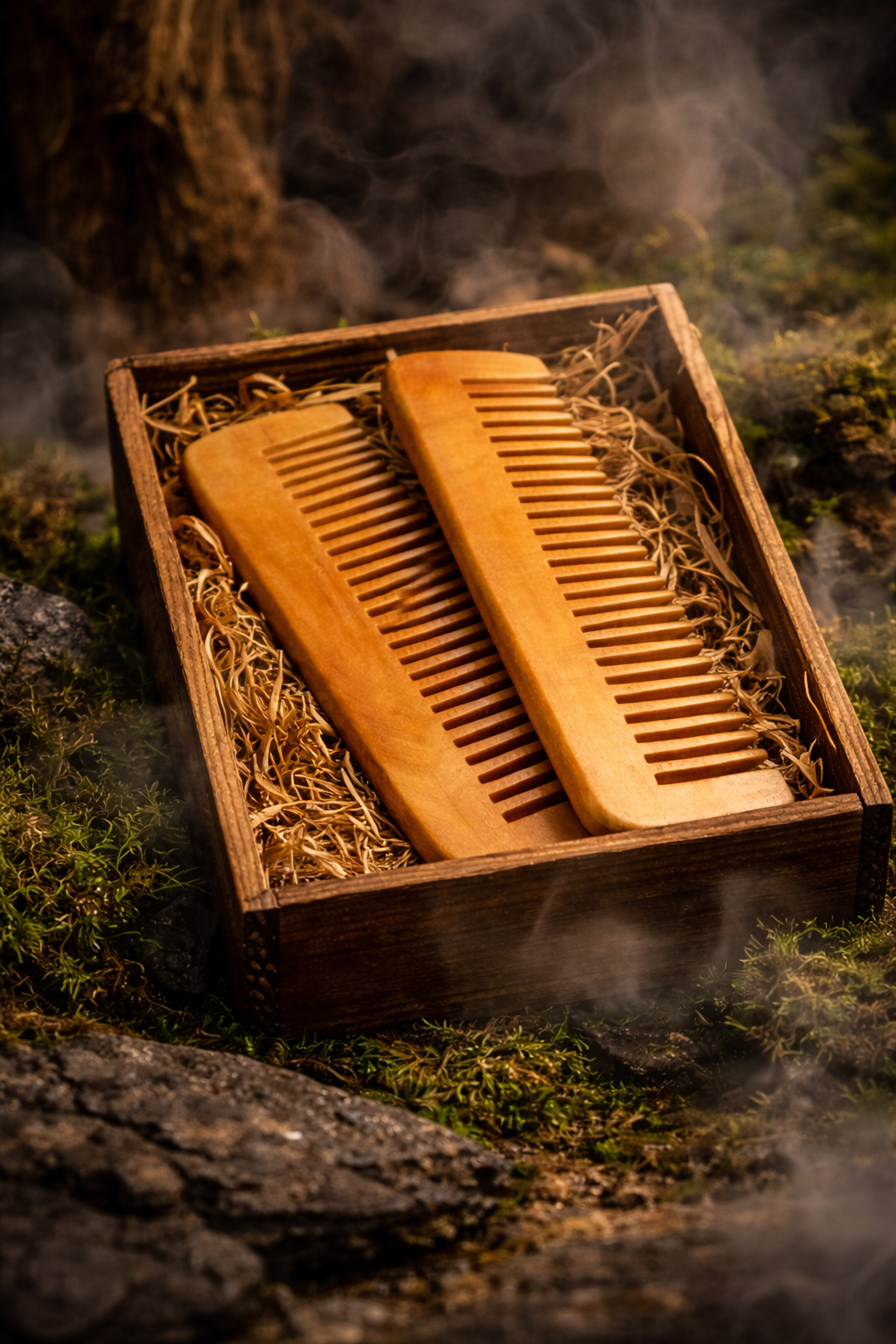 Two wooden combs in a wooden box on a natural background with a smoke effect. Natural wooden wide-tooth comb for easy detangling without hair loss