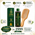 Attari Herbal Hair Oil, Shampoo, and Bamboo Hair Brush set in Pakistan with packaging and product details on a white background.