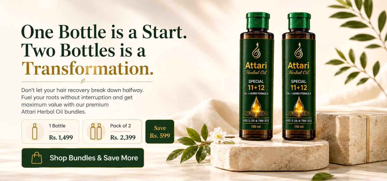 Two bottles of Attari Herbal Hair Oil combo on a stone surface with promotional text and packaging. its a desktop banner