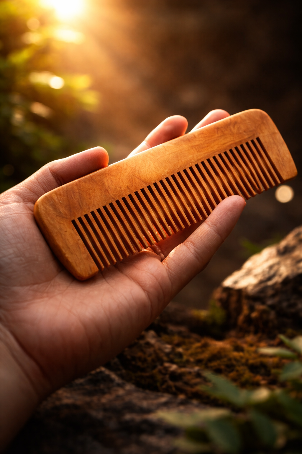 Hand holding a wooden comb. Best wooden comb at a good price in Pakistan