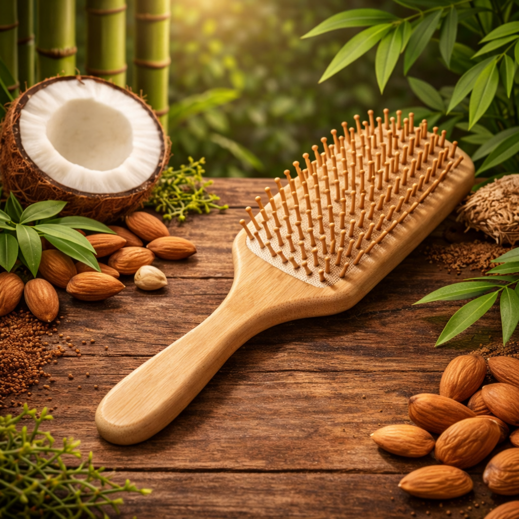 Bamboo Wooden hair brush on a wooden surface with coconuts, almonds, and green leaves in the background.