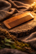 Wooden comb on a wooden surface with a warm, natural light. Attari Herbal anti-static wooden comb for daily hair care and scalp massage