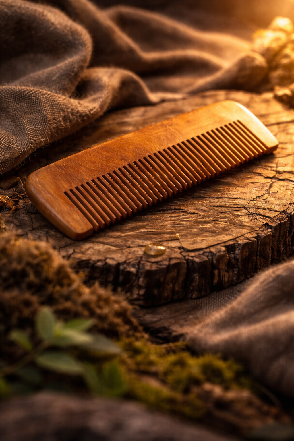 Wooden comb on a wooden surface with a warm, natural light. Attari Herbal anti-static wooden comb for daily hair care and scalp massage