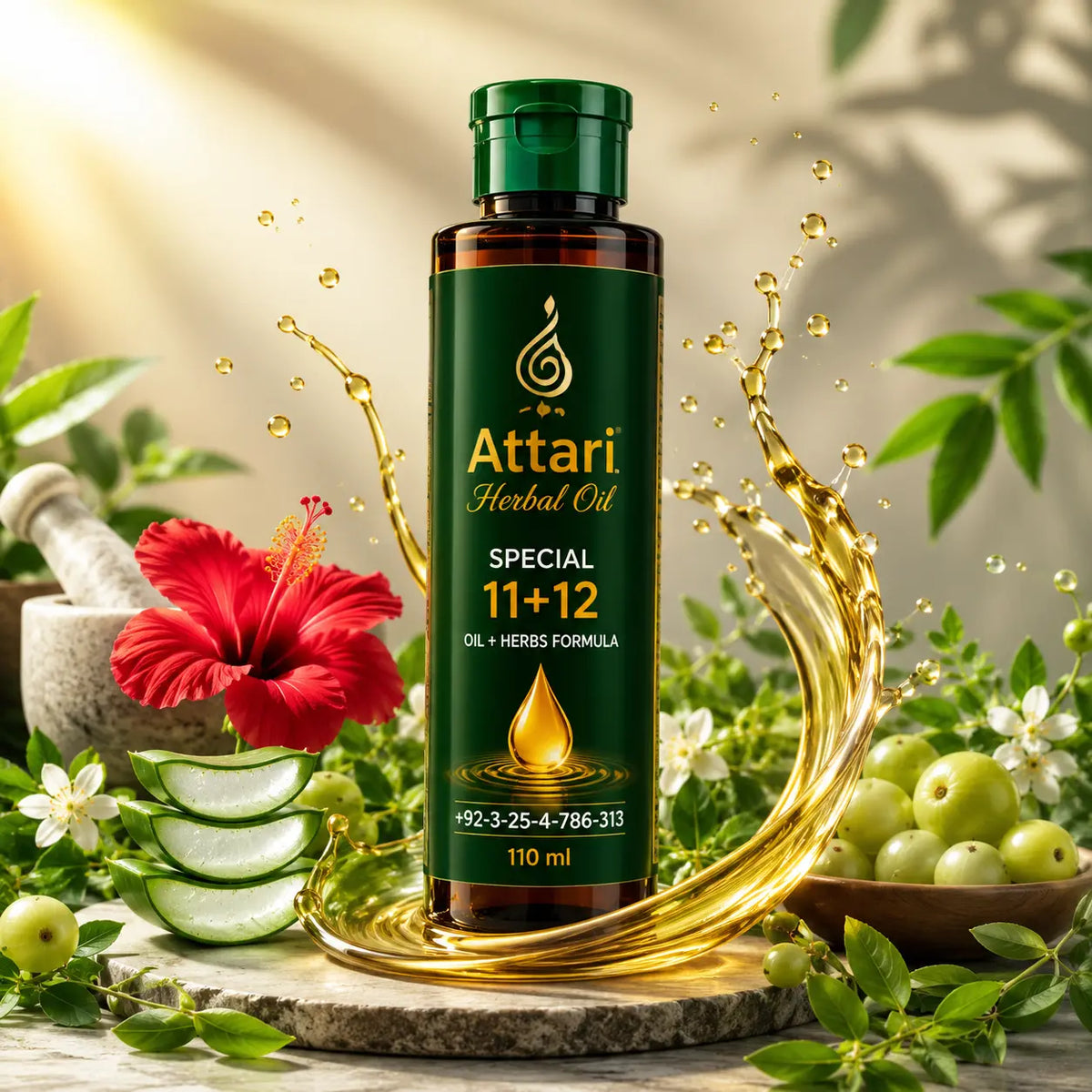 A bottle of Attari Herbal Hair Oil 'Special 11+12' displayed in a styled studio setting with olive branches, a red hibiscus flower, sliced cucumbers, and splashing golden oil.