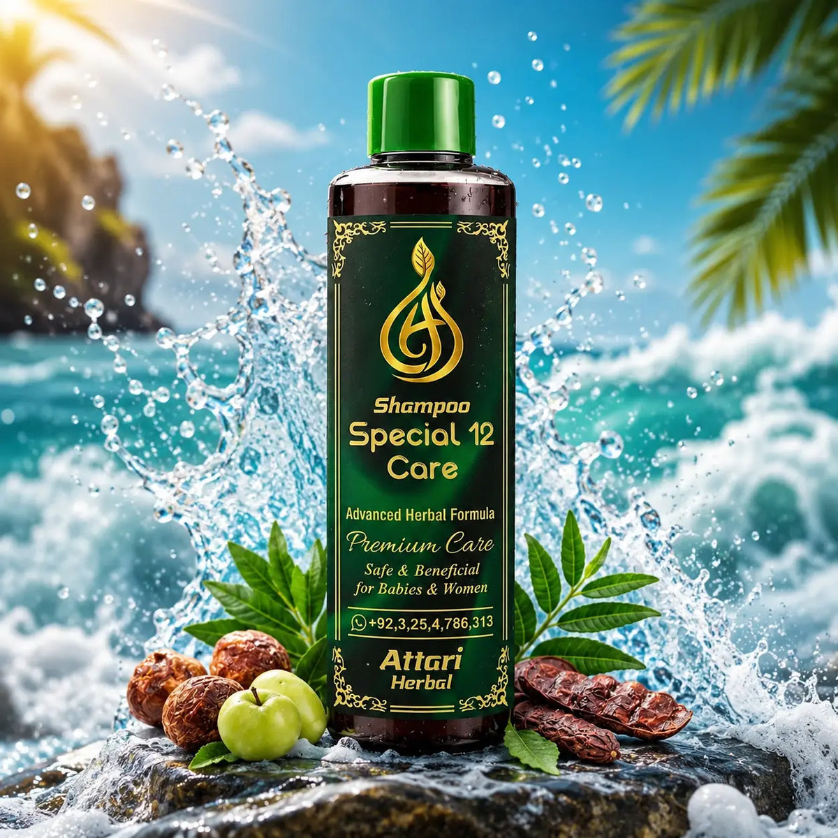 A bottle of Attari Herbal Shampoo Special 12 Care stands on rocks surrounded by splashing ocean water, waves, green leaves, and fruit, with a tropical beach scene in the background.